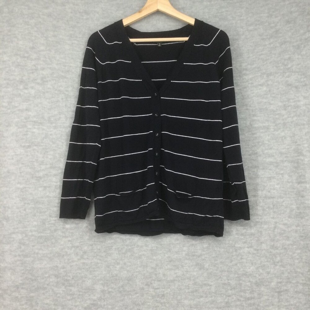 Talbots Cardigan Sweater Extra Large Navy Stripe Button Knit Tan Work